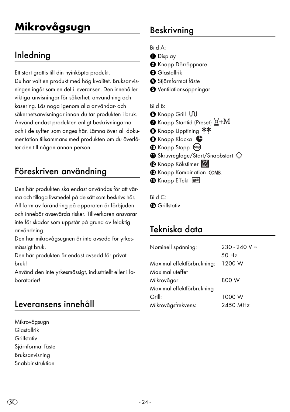 Mikrovågsugn, Inledning, Föreskriven användning | Leveransens innehåll, Beskrivning, Tekniska data | Silvercrest SMW 800 B2 User Manual | Page 27 / 111