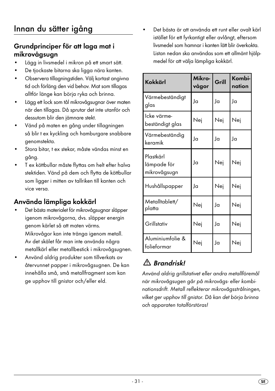 Innan du sätter igång, Grundprinciper för att laga mat i mikrovågsugn, Använda lämpliga kokkärl | Brandrisk | Silvercrest SMW 800 B2 User Manual | Page 34 / 111