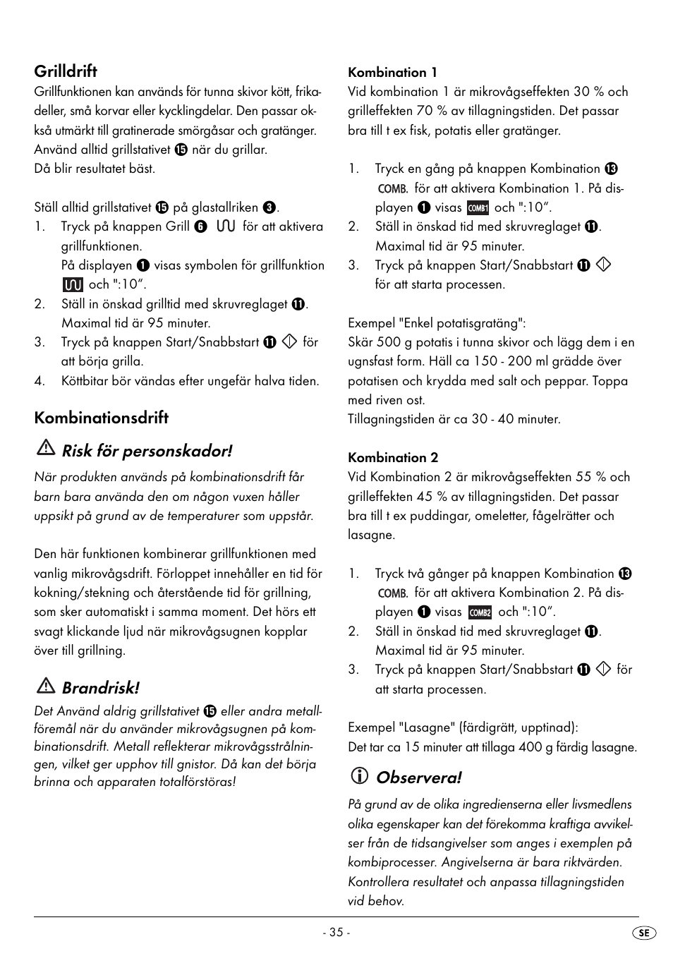 Grilldrift, Kombinationsdrift risk för personskador, Brandrisk | Observera | Silvercrest SMW 800 B2 User Manual | Page 38 / 111