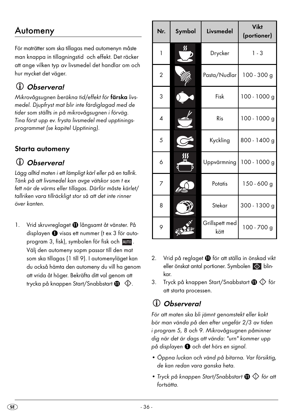 Automeny, Observera, Starta automeny observera | Silvercrest SMW 800 B2 User Manual | Page 39 / 111