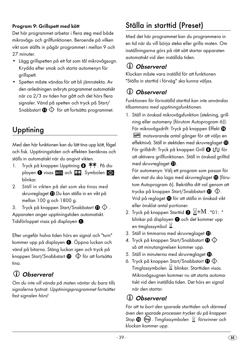 Upptining, Ställa in starttid (preset), Observera | Silvercrest SMW 800 B2 User Manual | Page 42 / 111