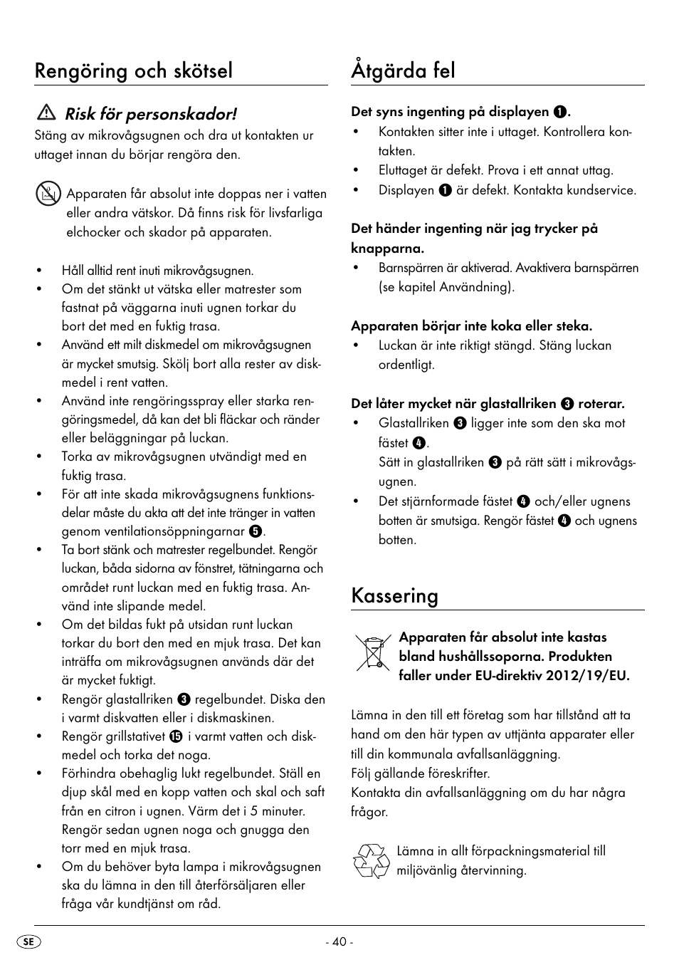 Rengöring och skötsel, Åtgärda fel, Kassering | Risk för personskador | Silvercrest SMW 800 B2 User Manual | Page 43 / 111