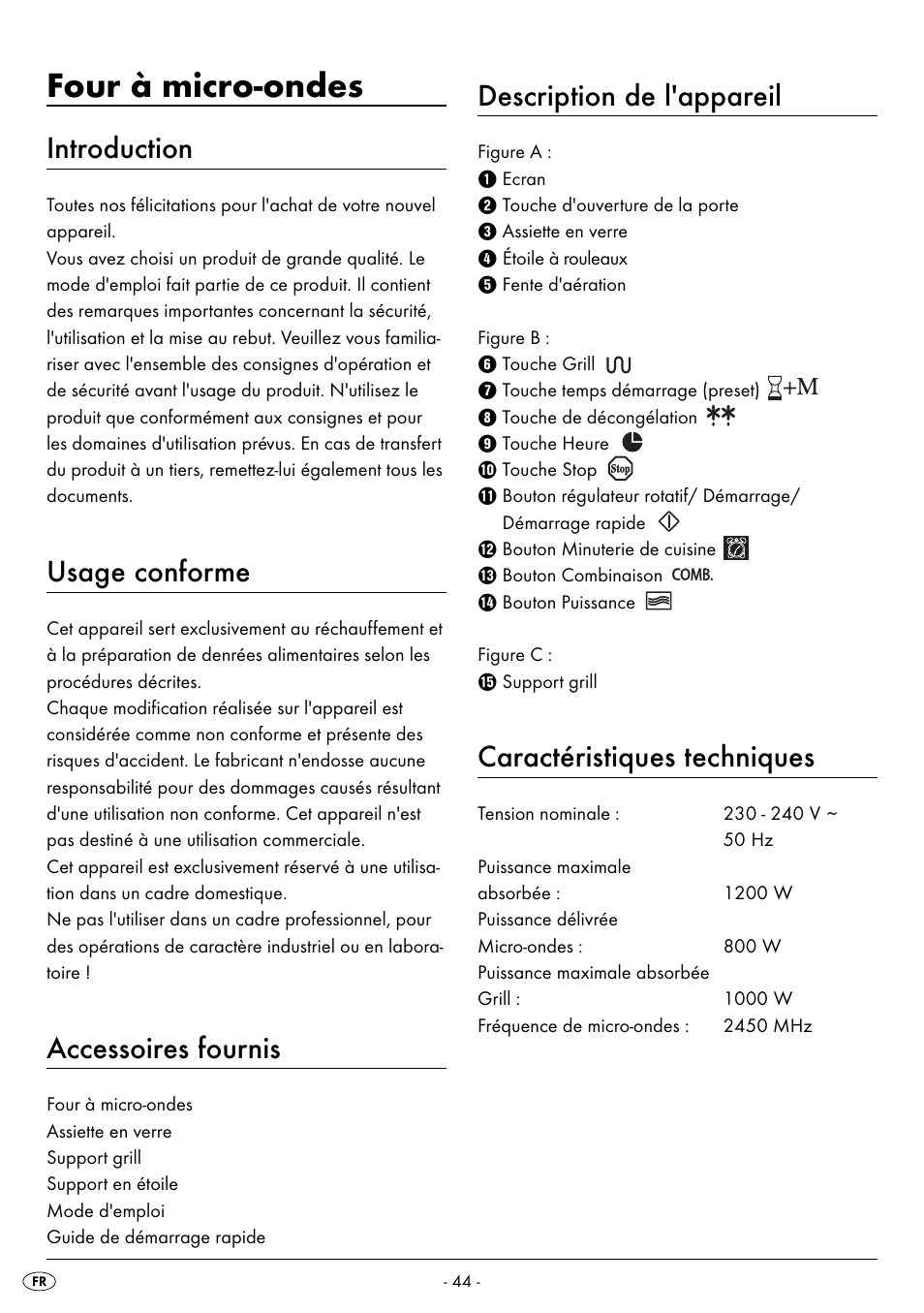 Four à micro-ondes, Introduction, Usage conforme | Accessoires fournis, Description de l'appareil, Caractéristiques techniques | Silvercrest SMW 800 B2 User Manual | Page 47 / 111