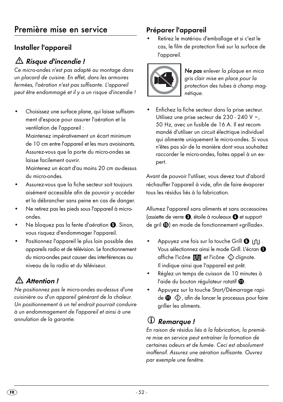 Première mise en service, Installer l'appareil risque d'incendie, Attention | Préparer l'appareil, Remarque | Silvercrest SMW 800 B2 User Manual | Page 55 / 111