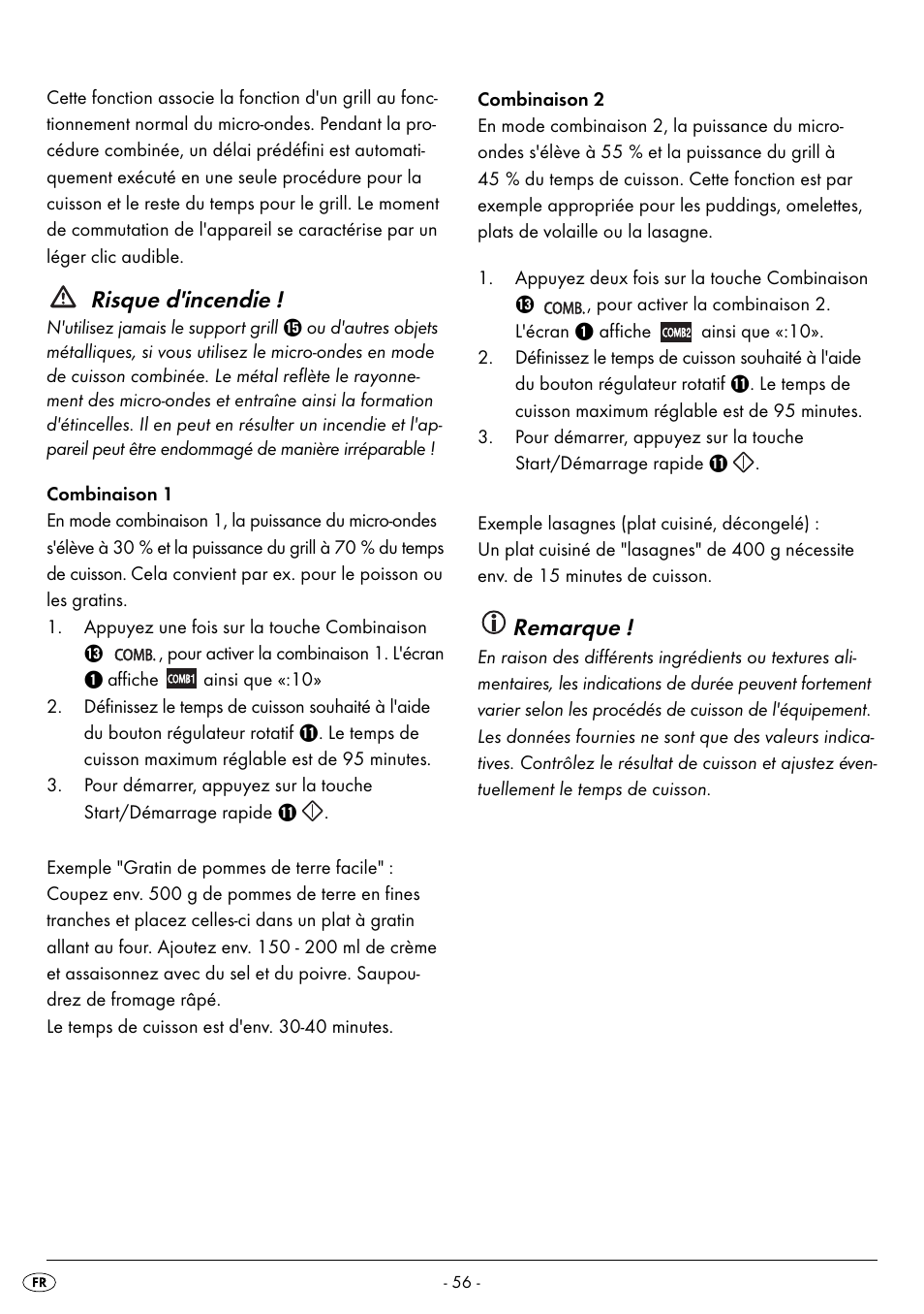 Risque d'incendie, Remarque | Silvercrest SMW 800 B2 User Manual | Page 59 / 111