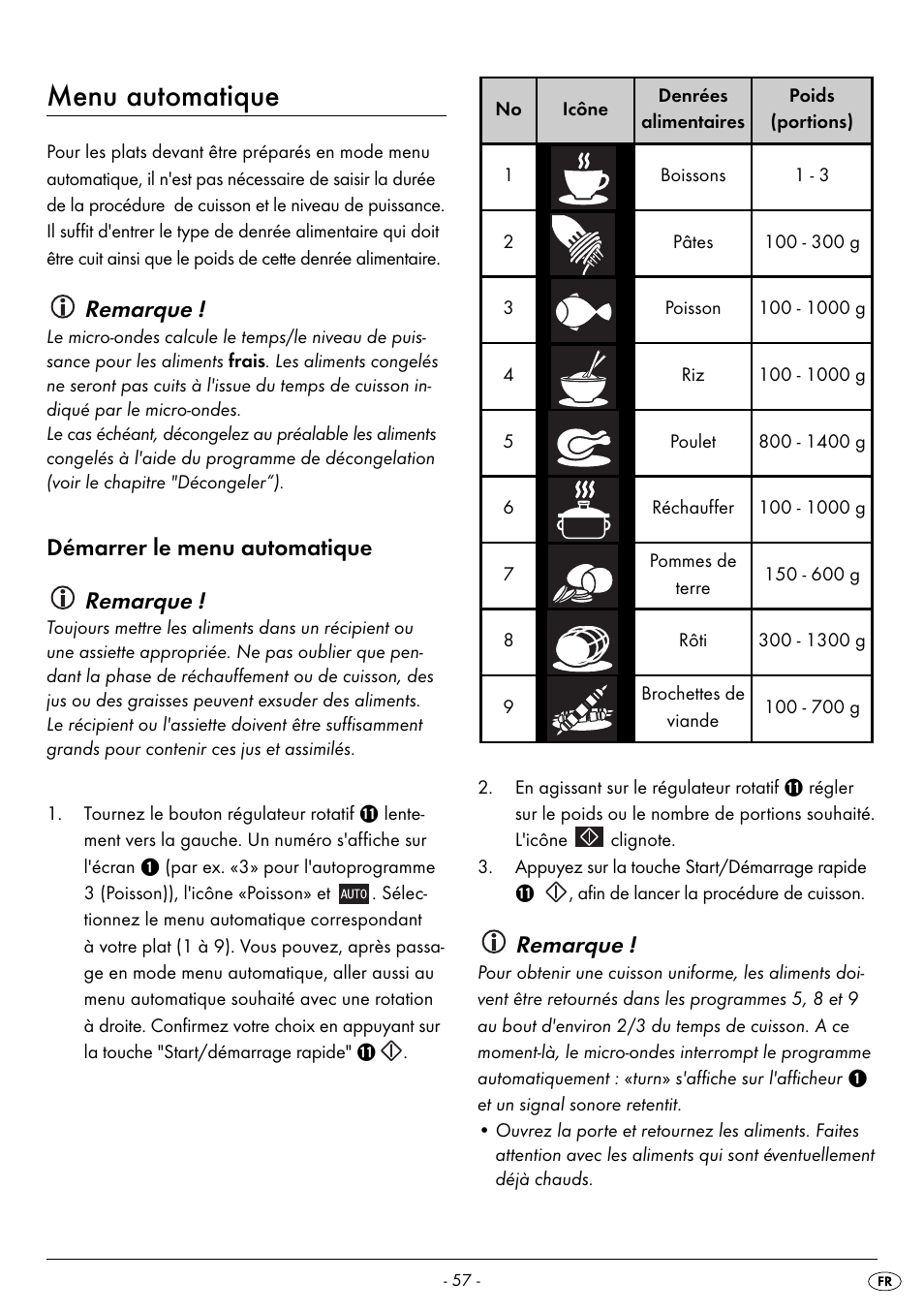 Menu automatique, Remarque, Démarrer le menu automatique remarque | Silvercrest SMW 800 B2 User Manual | Page 60 / 111