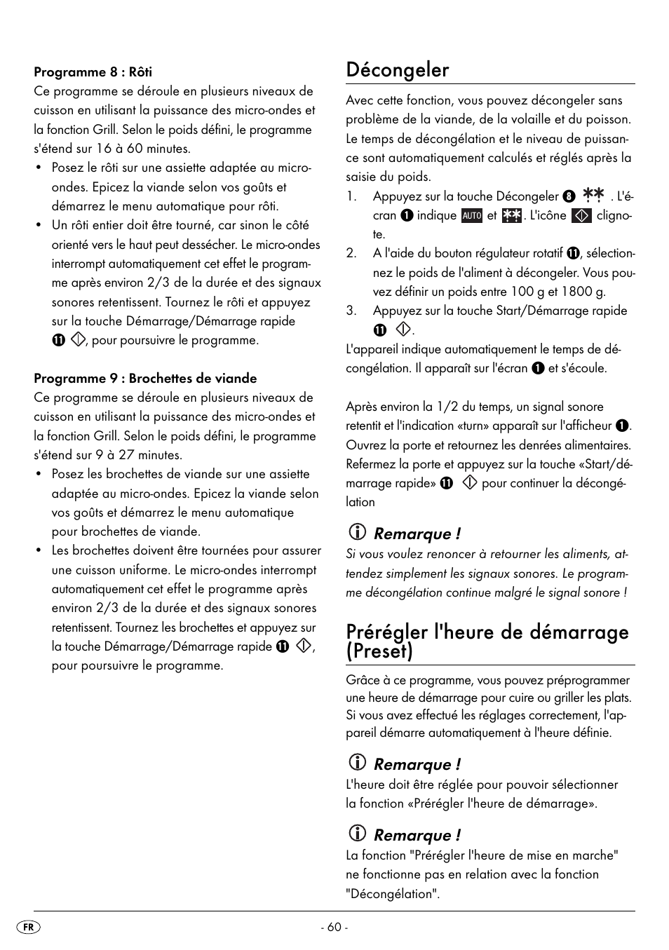 Décongeler, Prérégler l'heure de démarrage (preset), Remarque | Silvercrest SMW 800 B2 User Manual | Page 63 / 111