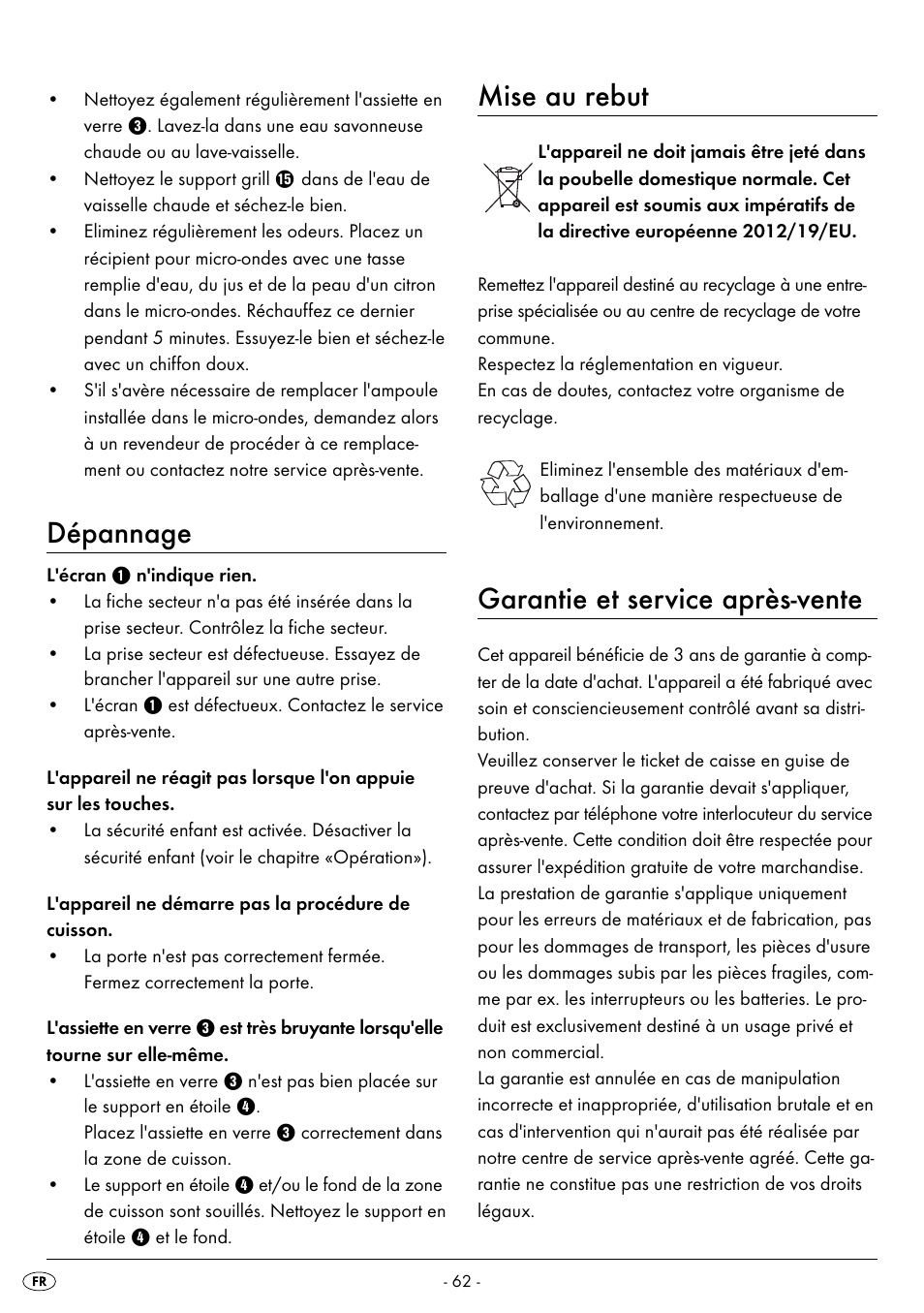 Dépannage, Mise au rebut, Garantie et service après-vente | Silvercrest SMW 800 B2 User Manual | Page 65 / 111