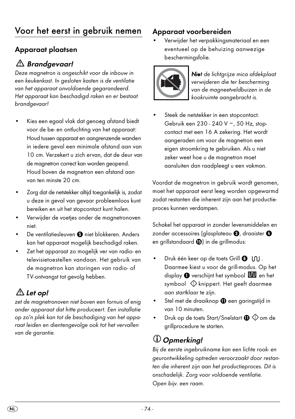 Voor het eerst in gebruik nemen, Apparaat plaatsen brandgevaar, Let op | Apparaat voorbereiden, Opmerking | Silvercrest SMW 800 B2 User Manual | Page 77 / 111
