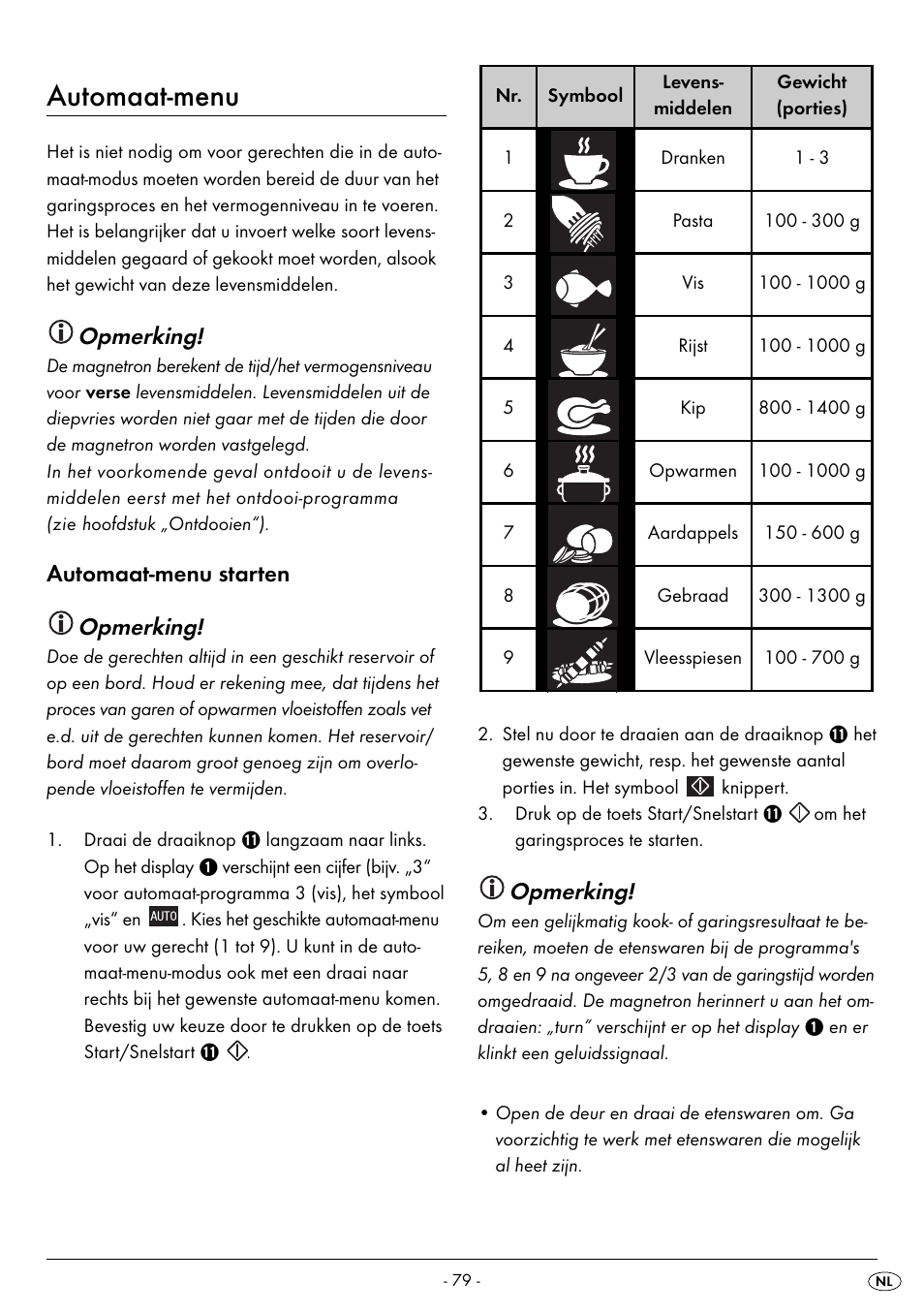 Automaat-menu, Opmerking, Automaat-menu starten opmerking | Silvercrest SMW 800 B2 User Manual | Page 82 / 111