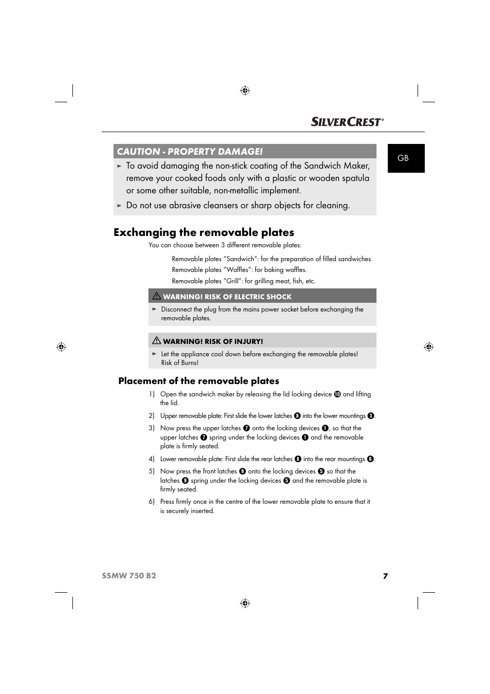 Exchanging the removable plates, Caution - property damage, Placement of the removable plates | Silvercrest SSMW 750 B2 User Manual | Page 10 / 111