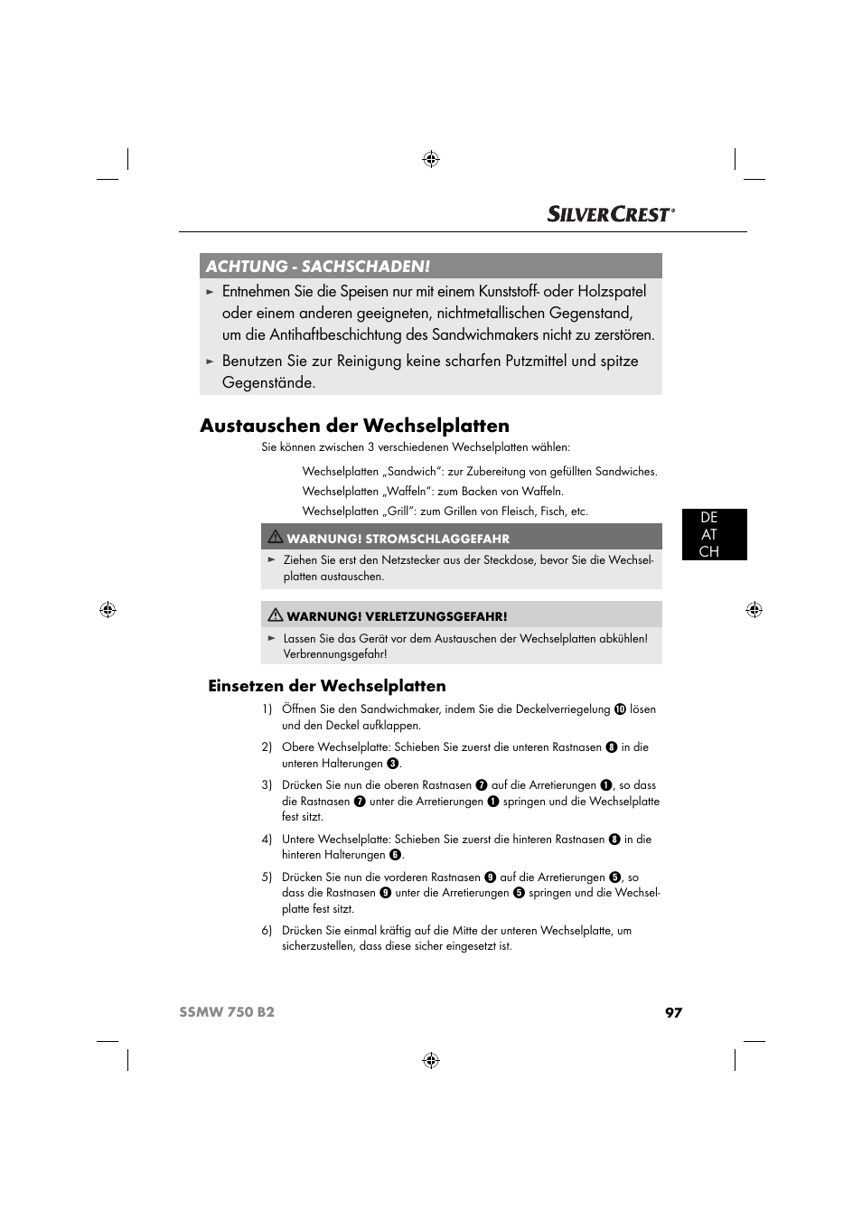 Austauschen der wechselplatten, Achtung - sachschaden, Einsetzen der wechselplatten | De at ch | Silvercrest SSMW 750 B2 User Manual | Page 100 / 111