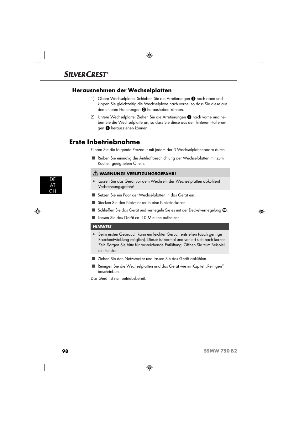 Erste inbetriebnahme, Herausnehmen der wechselplatten, De at ch | Silvercrest SSMW 750 B2 User Manual | Page 101 / 111