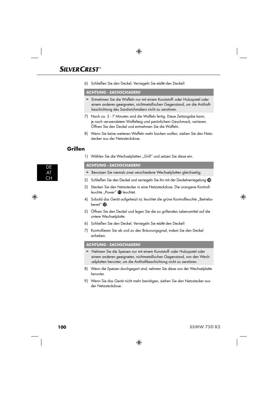 Grillen, De at ch | Silvercrest SSMW 750 B2 User Manual | Page 103 / 111