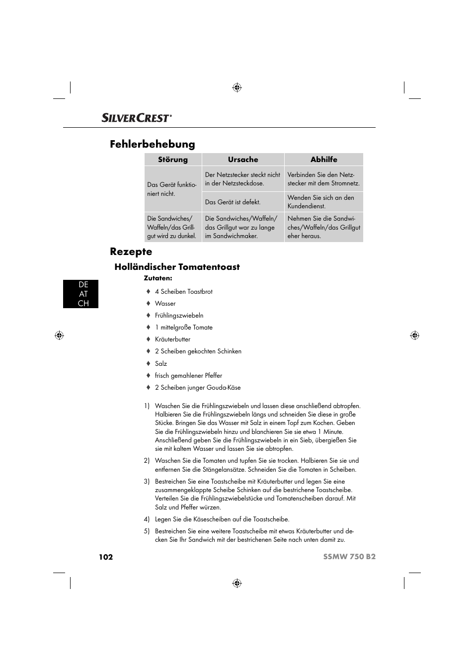 Fehlerbehebung, Rezepte, Holländischer tomatentoast | De at ch | Silvercrest SSMW 750 B2 User Manual | Page 105 / 111