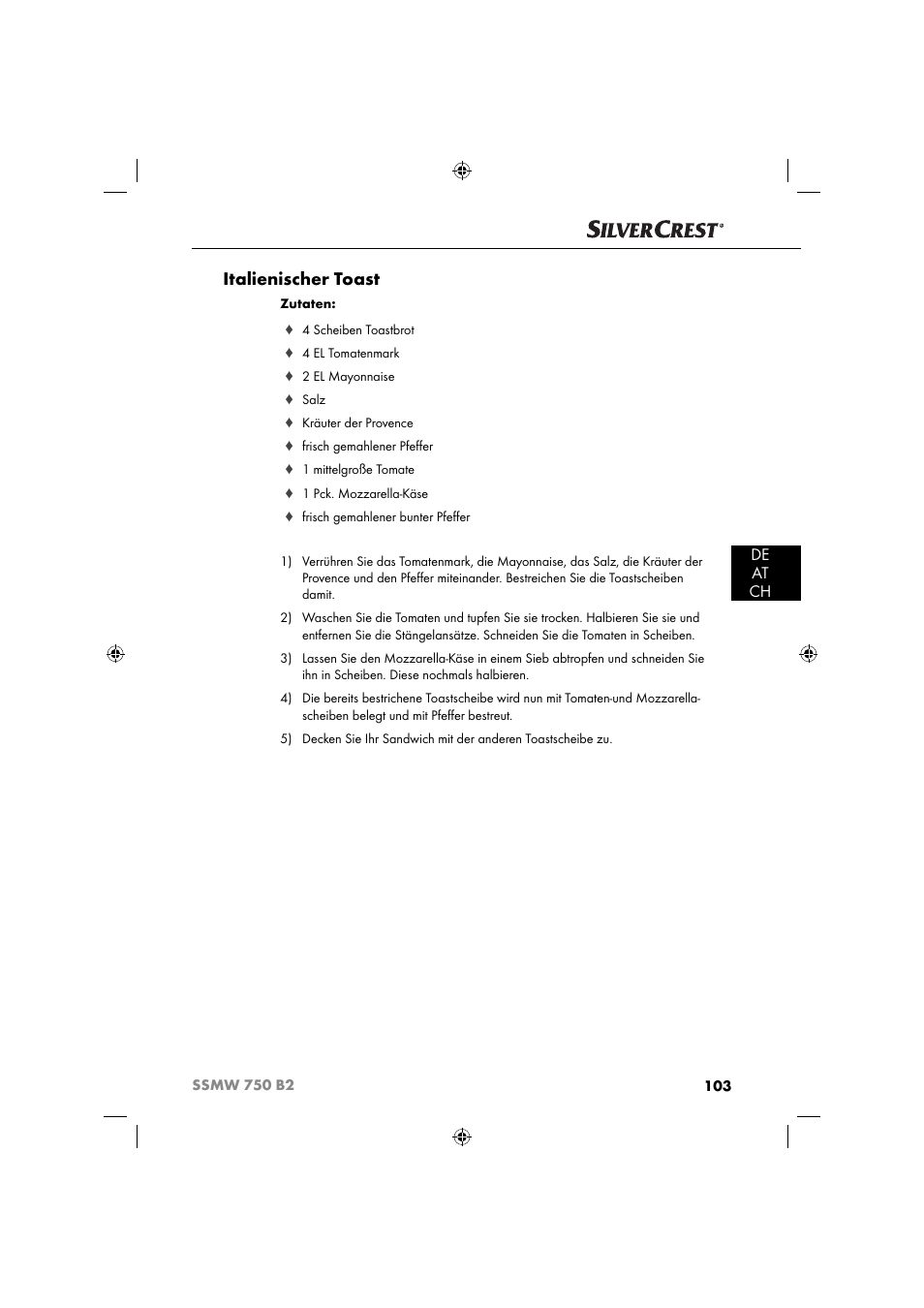 Italienischer toast, De at ch | Silvercrest SSMW 750 B2 User Manual | Page 106 / 111