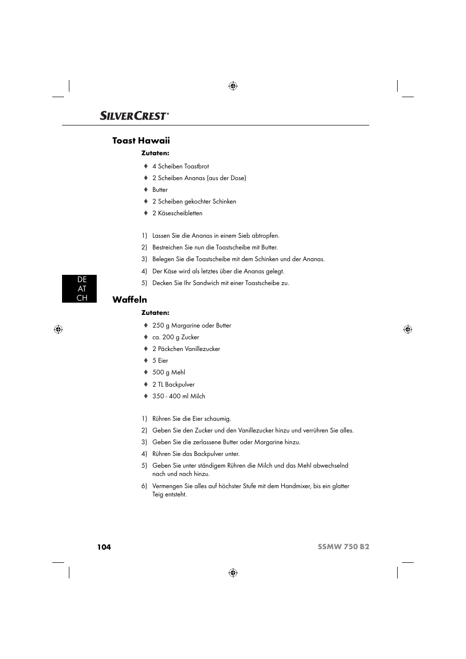 Toast hawaii, Waﬀ eln, De at ch | Silvercrest SSMW 750 B2 User Manual | Page 107 / 111