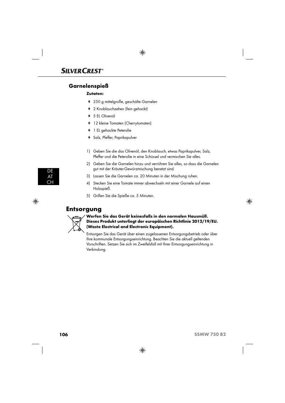 Entsorgung, Garnelenspieß, De at ch | Silvercrest SSMW 750 B2 User Manual | Page 109 / 111