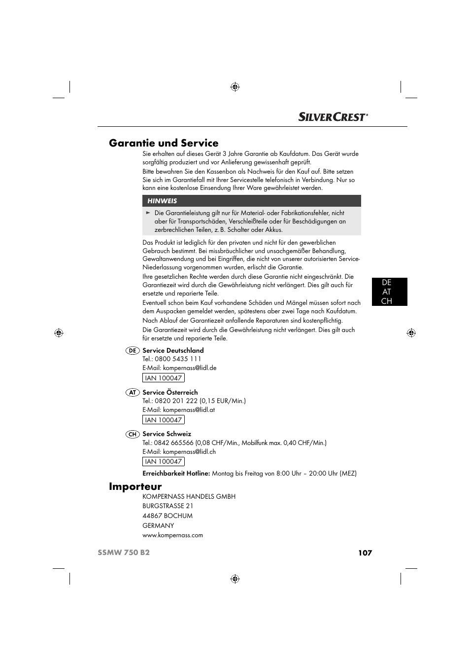 Garantie und service, Importeur, De at ch | Silvercrest SSMW 750 B2 User Manual | Page 110 / 111