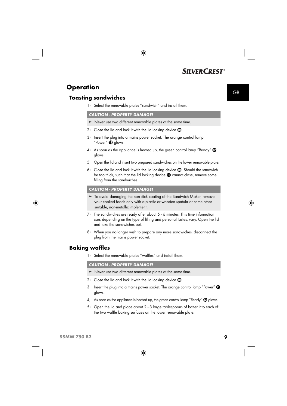 Operation, Toasting sandwiches, Baking waﬄ es | Silvercrest SSMW 750 B2 User Manual | Page 12 / 111