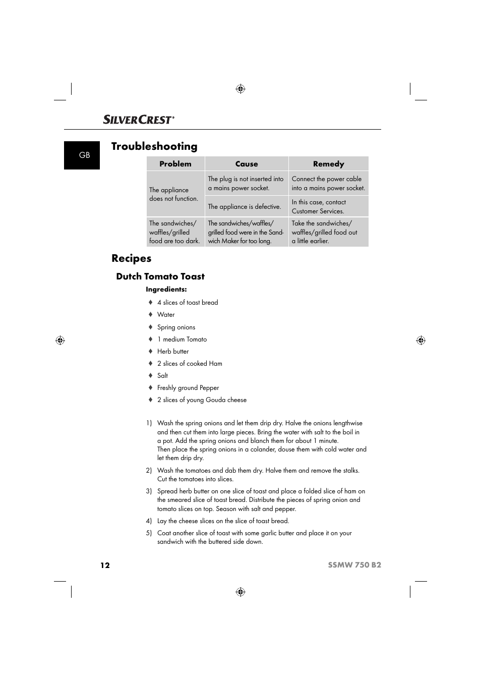 Troubleshooting, Recipes, Dutch tomato toast | Silvercrest SSMW 750 B2 User Manual | Page 15 / 111