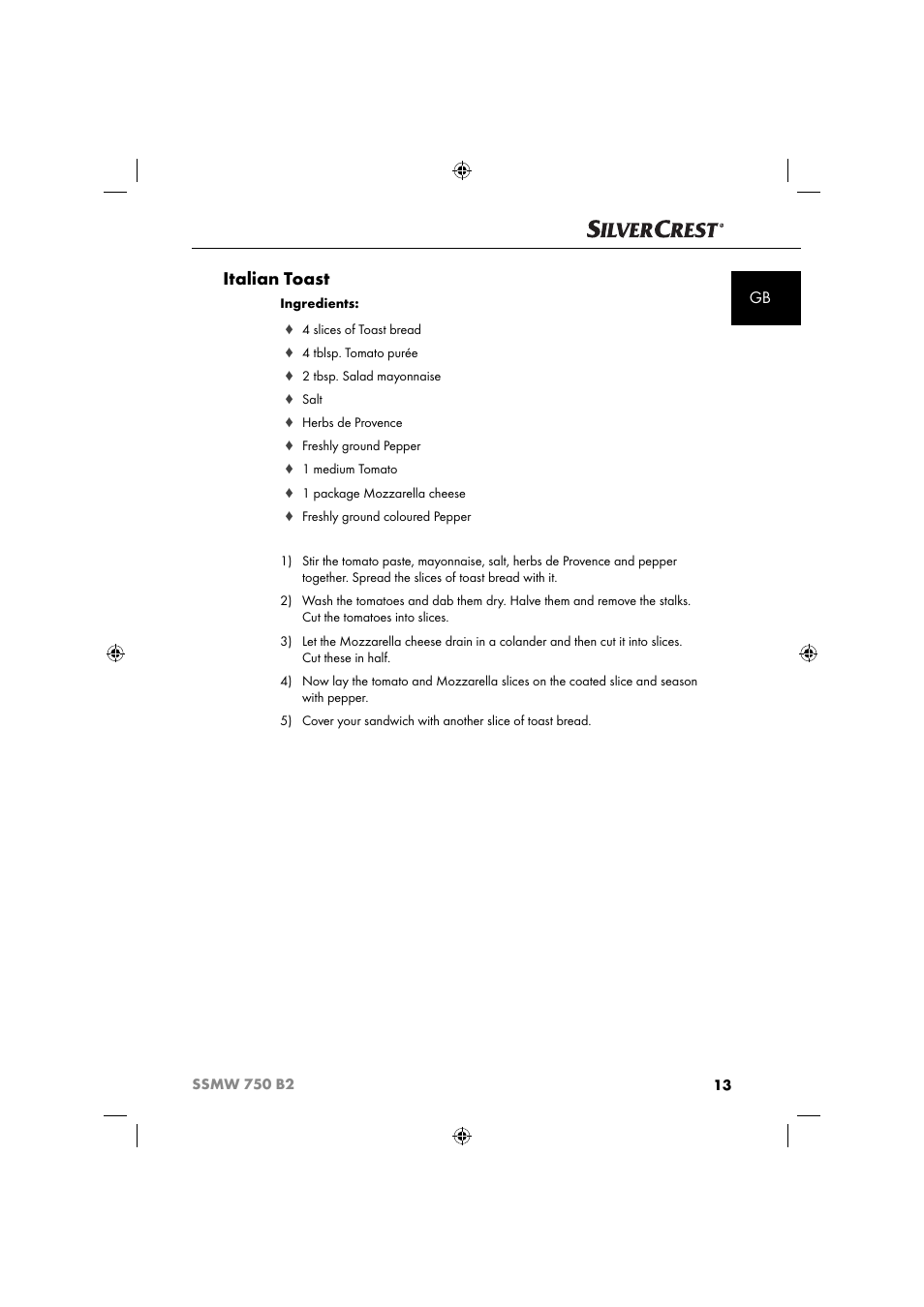 Italian toast | Silvercrest SSMW 750 B2 User Manual | Page 16 / 111