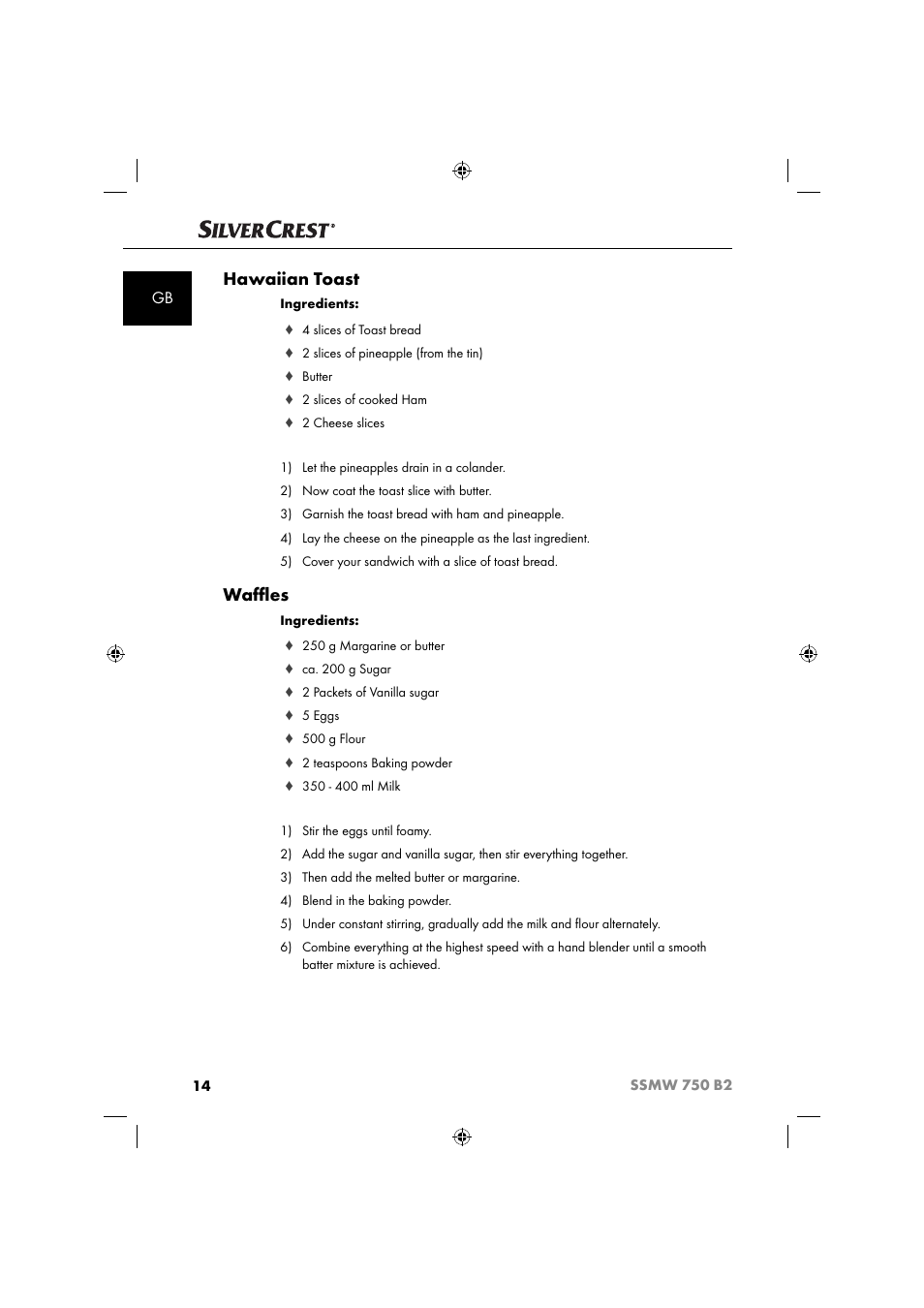 Hawaiian toast, Waﬄ es | Silvercrest SSMW 750 B2 User Manual | Page 17 / 111