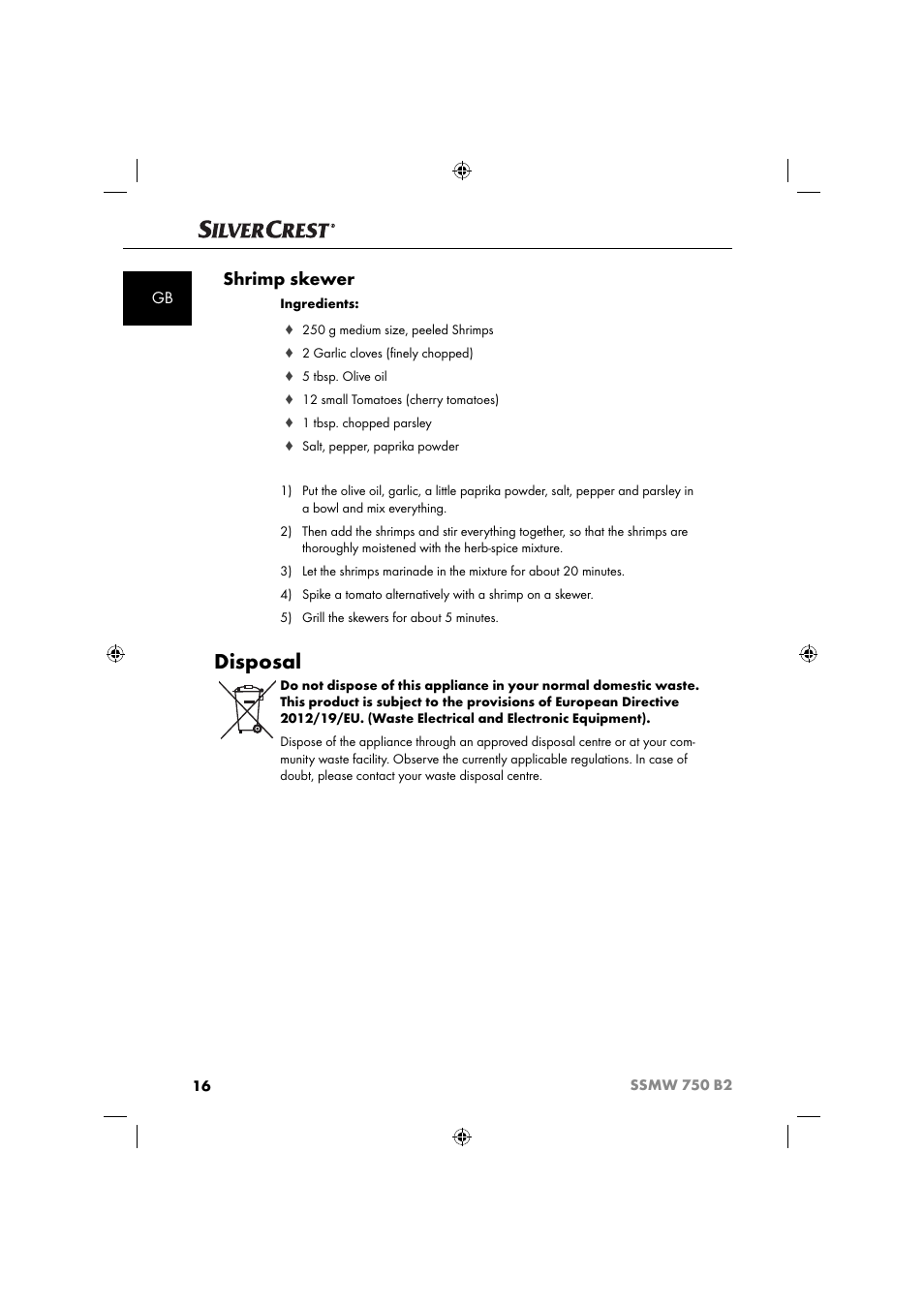 Disposal, Shrimp skewer | Silvercrest SSMW 750 B2 User Manual | Page 19 / 111