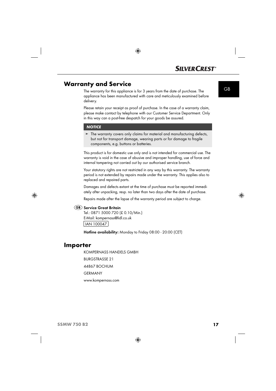 Warranty and service, Importer | Silvercrest SSMW 750 B2 User Manual | Page 20 / 111