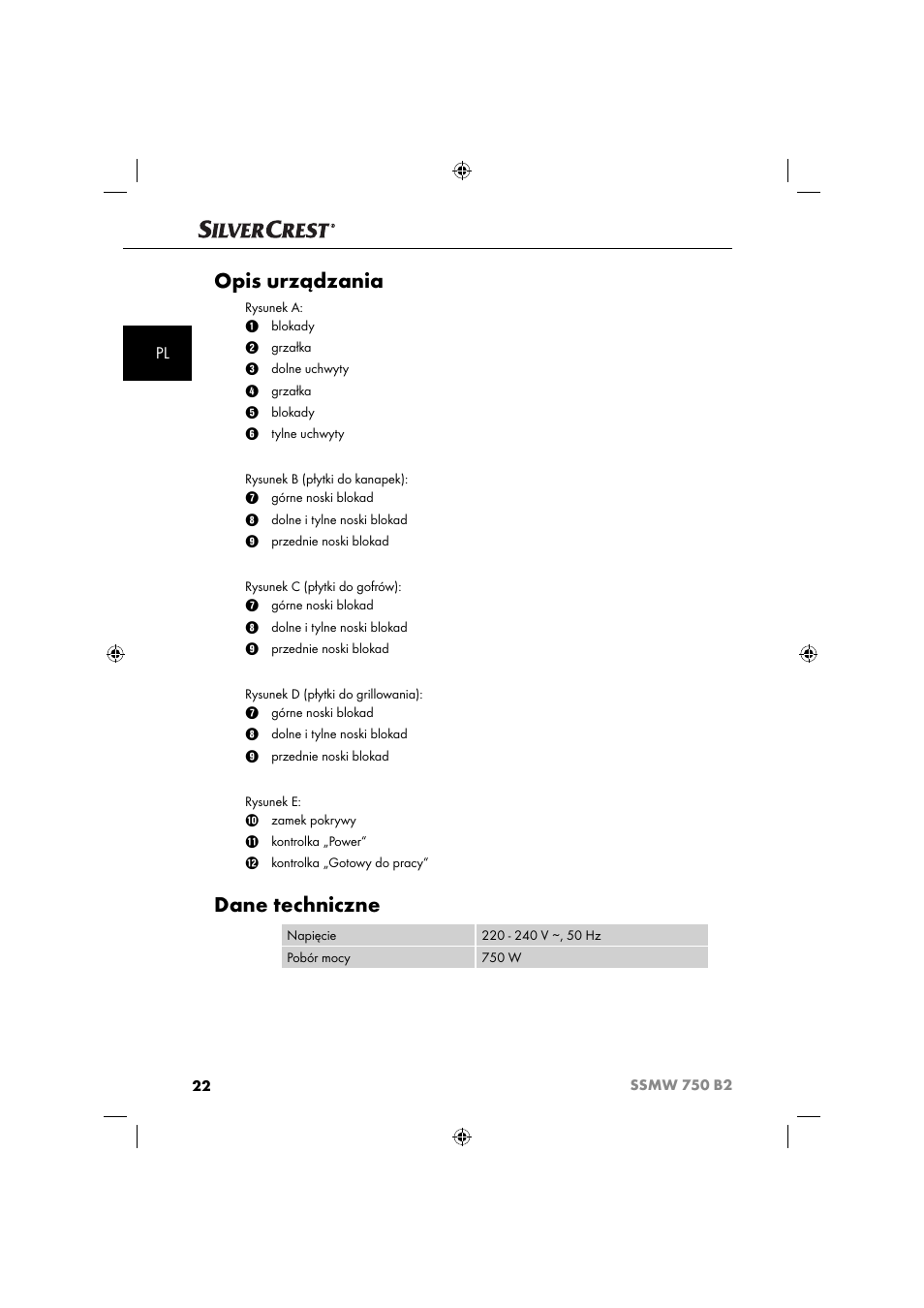 Opis urządzania, Dane techniczne | Silvercrest SSMW 750 B2 User Manual | Page 25 / 111