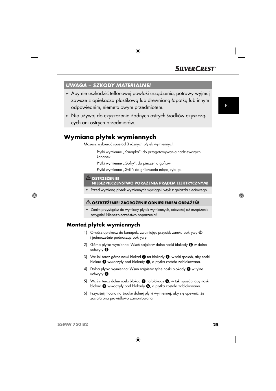 Wymiana płytek wymiennych, Uwaga – szkody materialne, Montaż płytek wymiennych | Silvercrest SSMW 750 B2 User Manual | Page 28 / 111