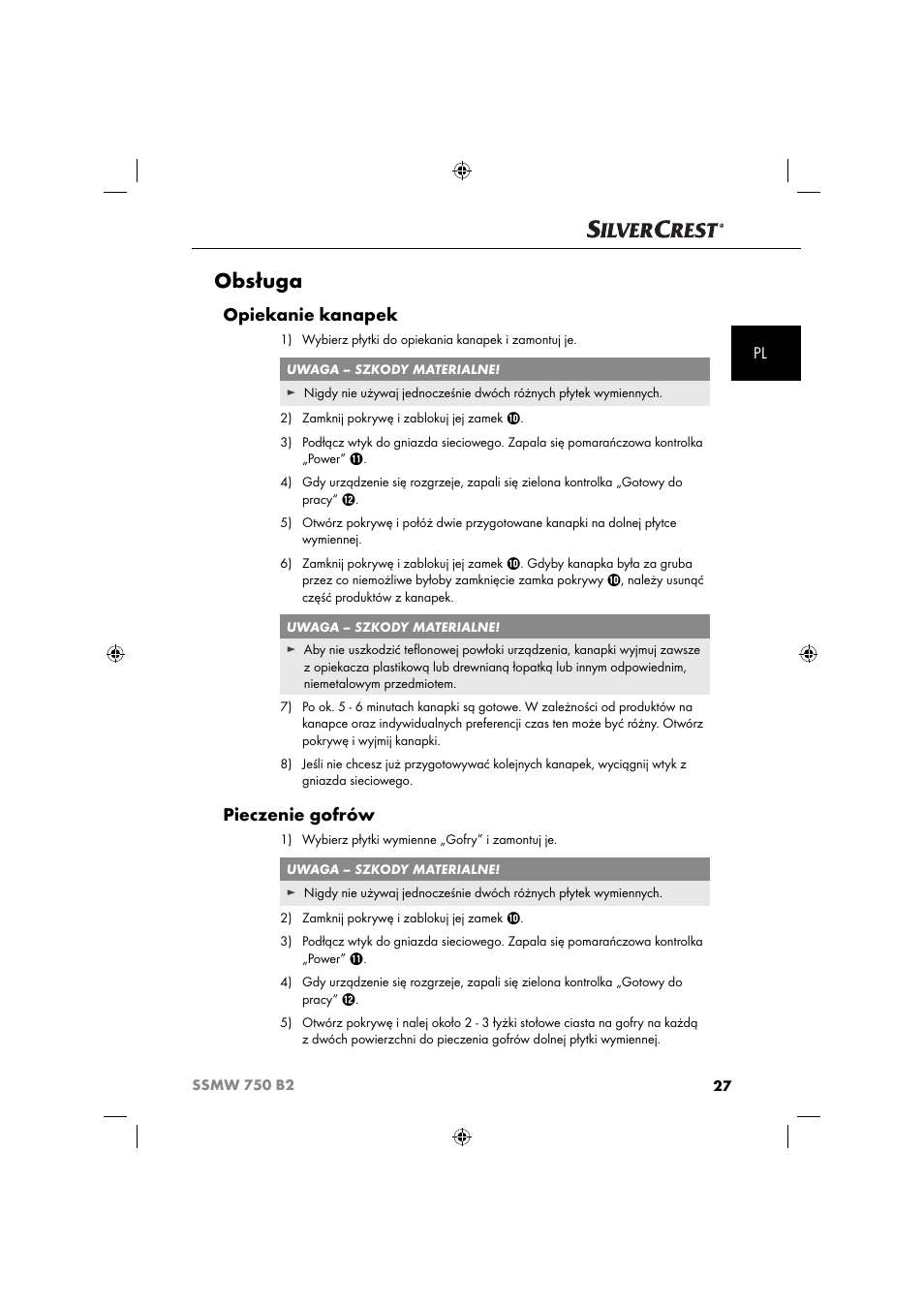 Obsługa, Opiekanie kanapek, Pieczenie gofrów | Silvercrest SSMW 750 B2 User Manual | Page 30 / 111