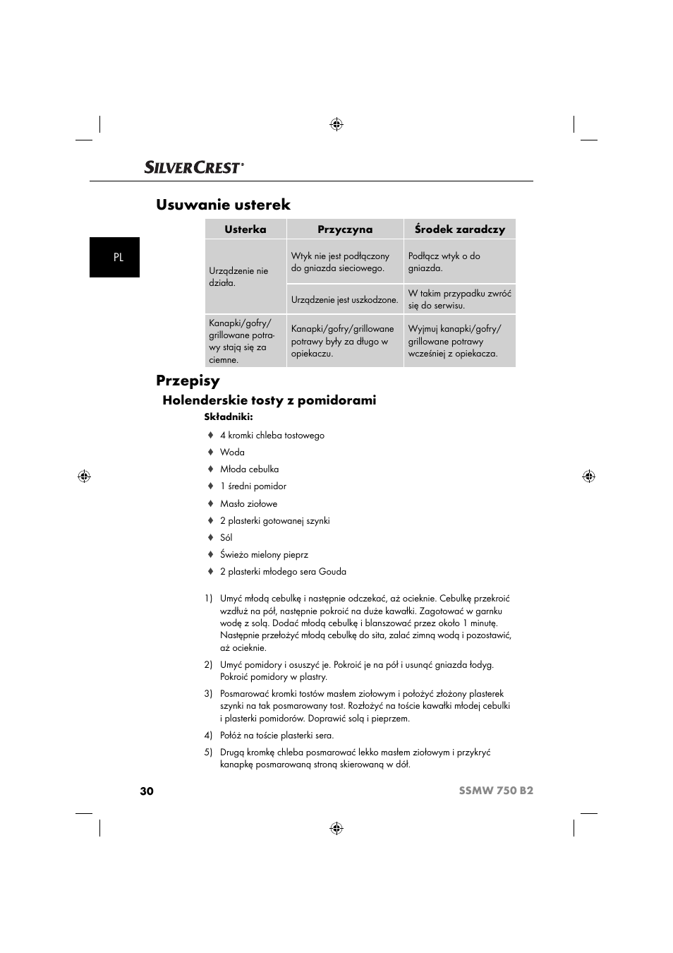 Usuwanie usterek, Przepisy, Holenderskie tosty z pomidorami | Silvercrest SSMW 750 B2 User Manual | Page 33 / 111