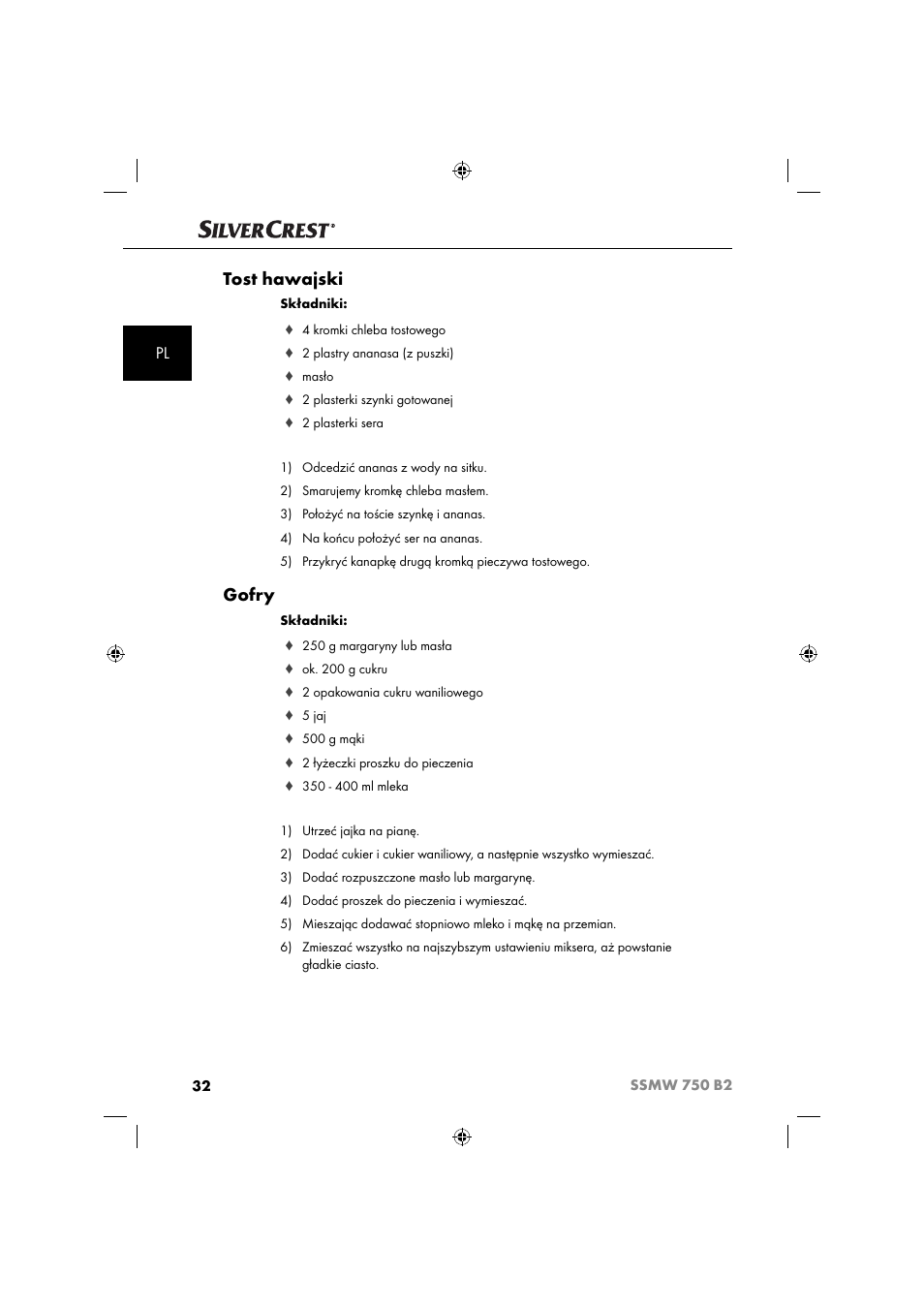 Tost hawajski, Gofry | Silvercrest SSMW 750 B2 User Manual | Page 35 / 111