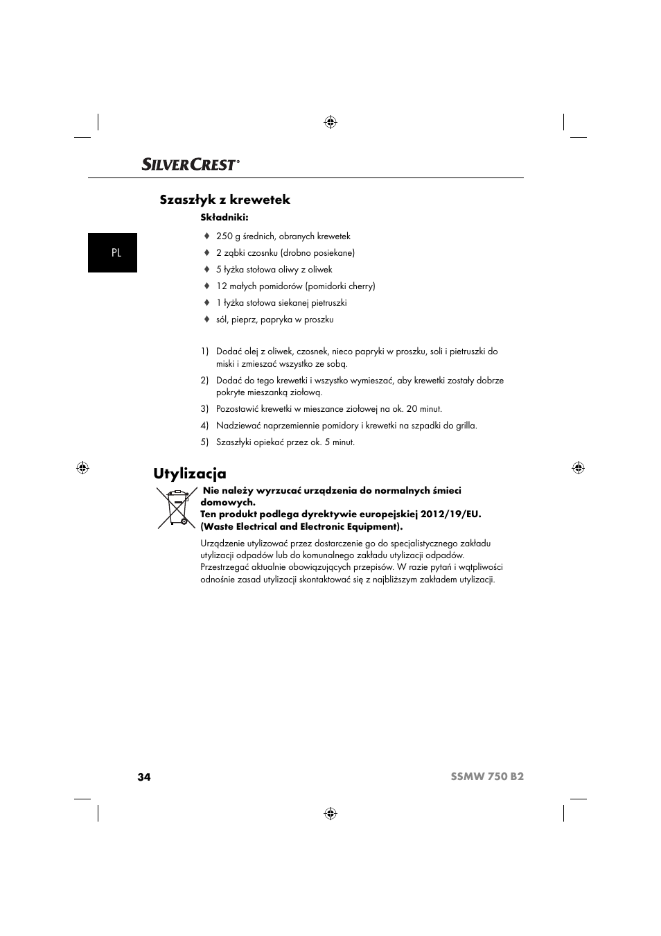 Utylizacja, Szaszłyk z krewetek | Silvercrest SSMW 750 B2 User Manual | Page 37 / 111