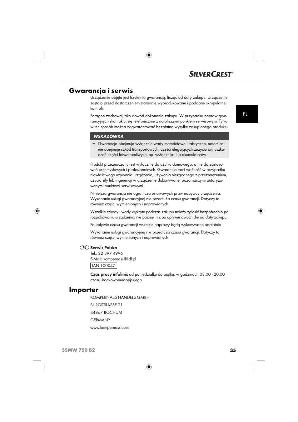 Gwarancja i serwis, Importer | Silvercrest SSMW 750 B2 User Manual | Page 38 / 111