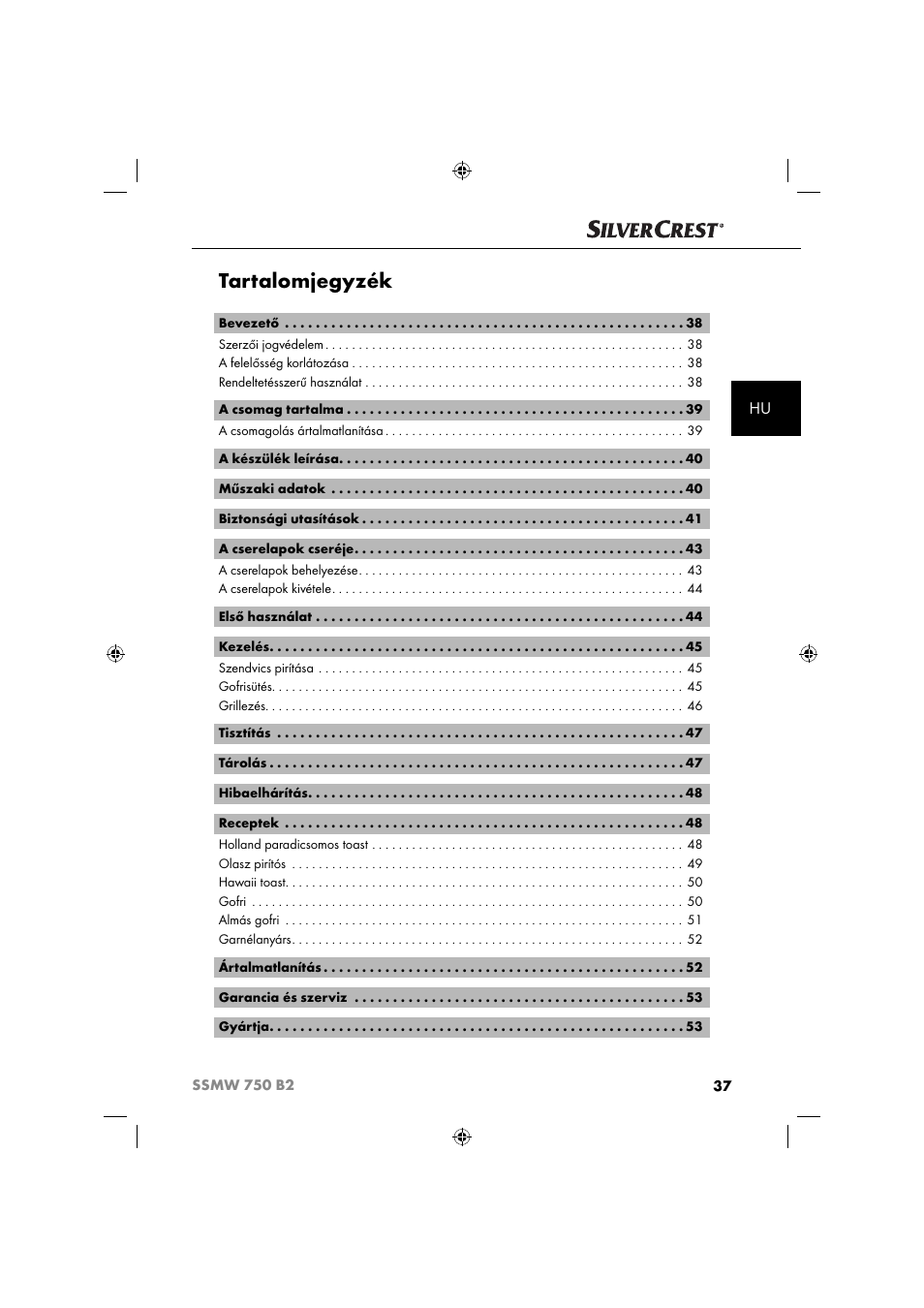 Tartalomjegyzék | Silvercrest SSMW 750 B2 User Manual | Page 40 / 111