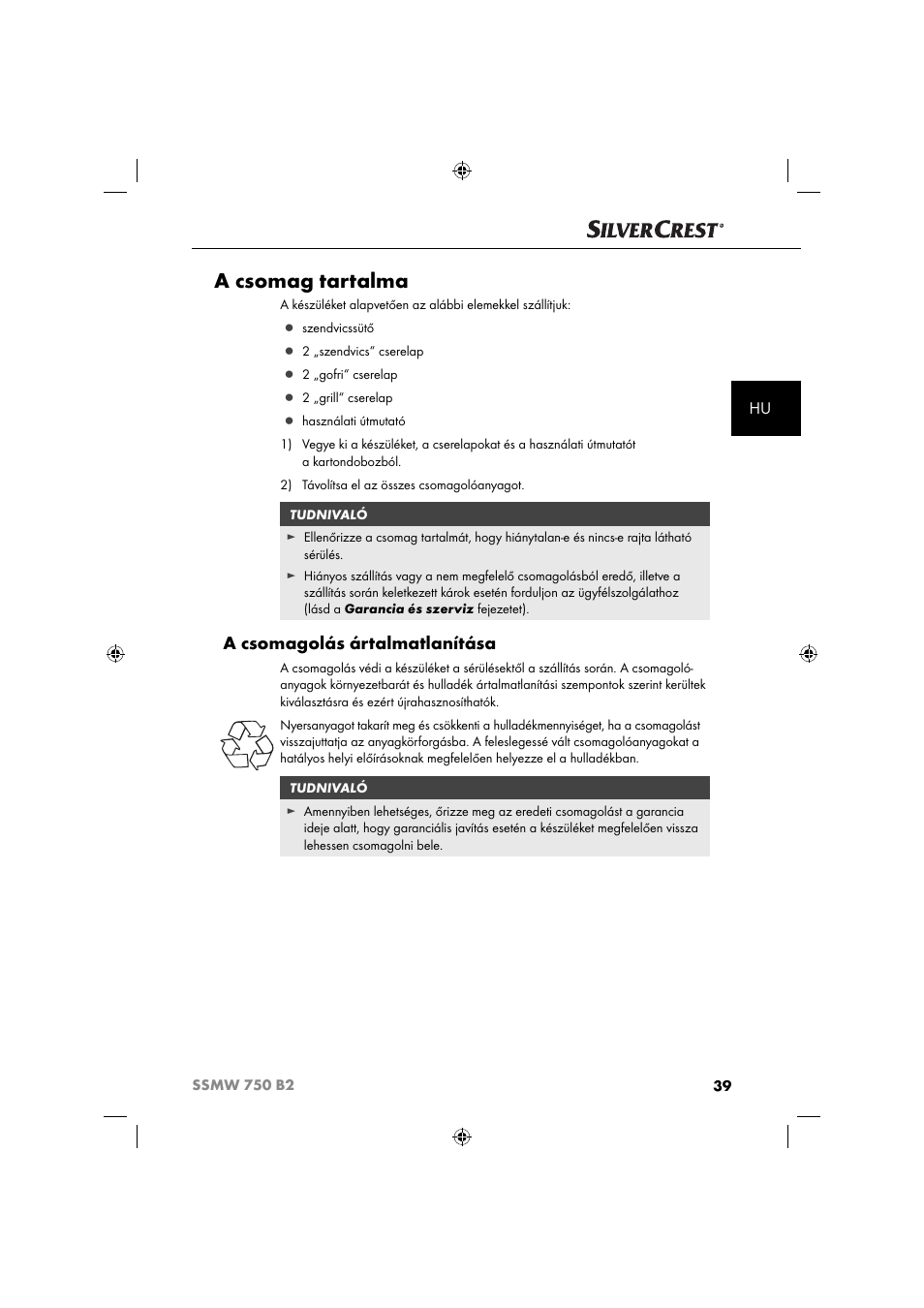 A csomag tartalma, A csomagolás ártalmatlanítása | Silvercrest SSMW 750 B2 User Manual | Page 42 / 111