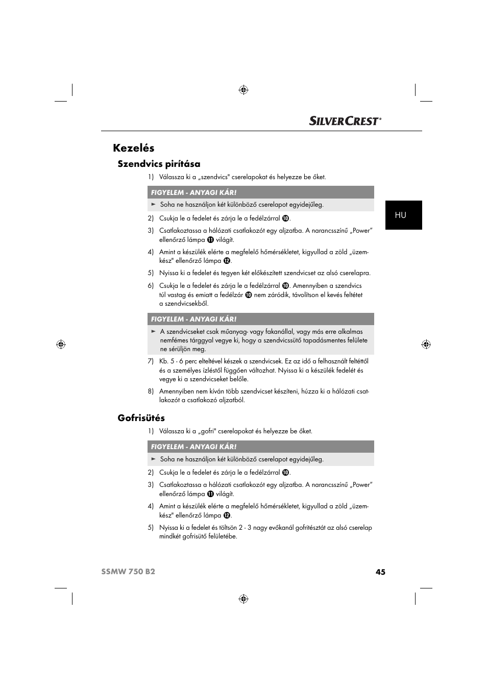 Kezelés, Szendvics pirítása, Gofrisütés | Silvercrest SSMW 750 B2 User Manual | Page 48 / 111