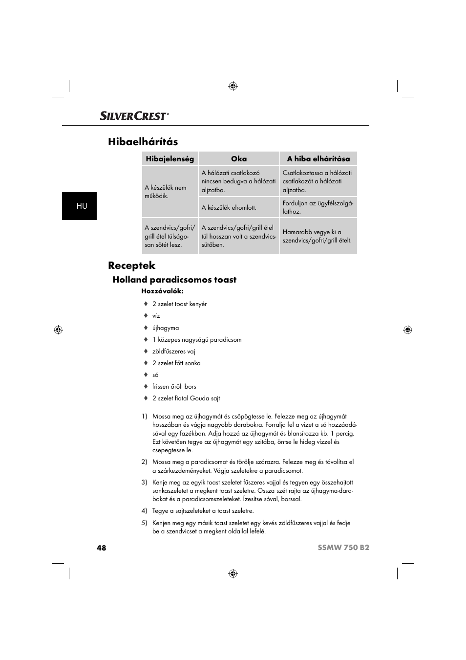 Hibaelhárítás, Receptek, Holland paradicsomos toast | Silvercrest SSMW 750 B2 User Manual | Page 51 / 111