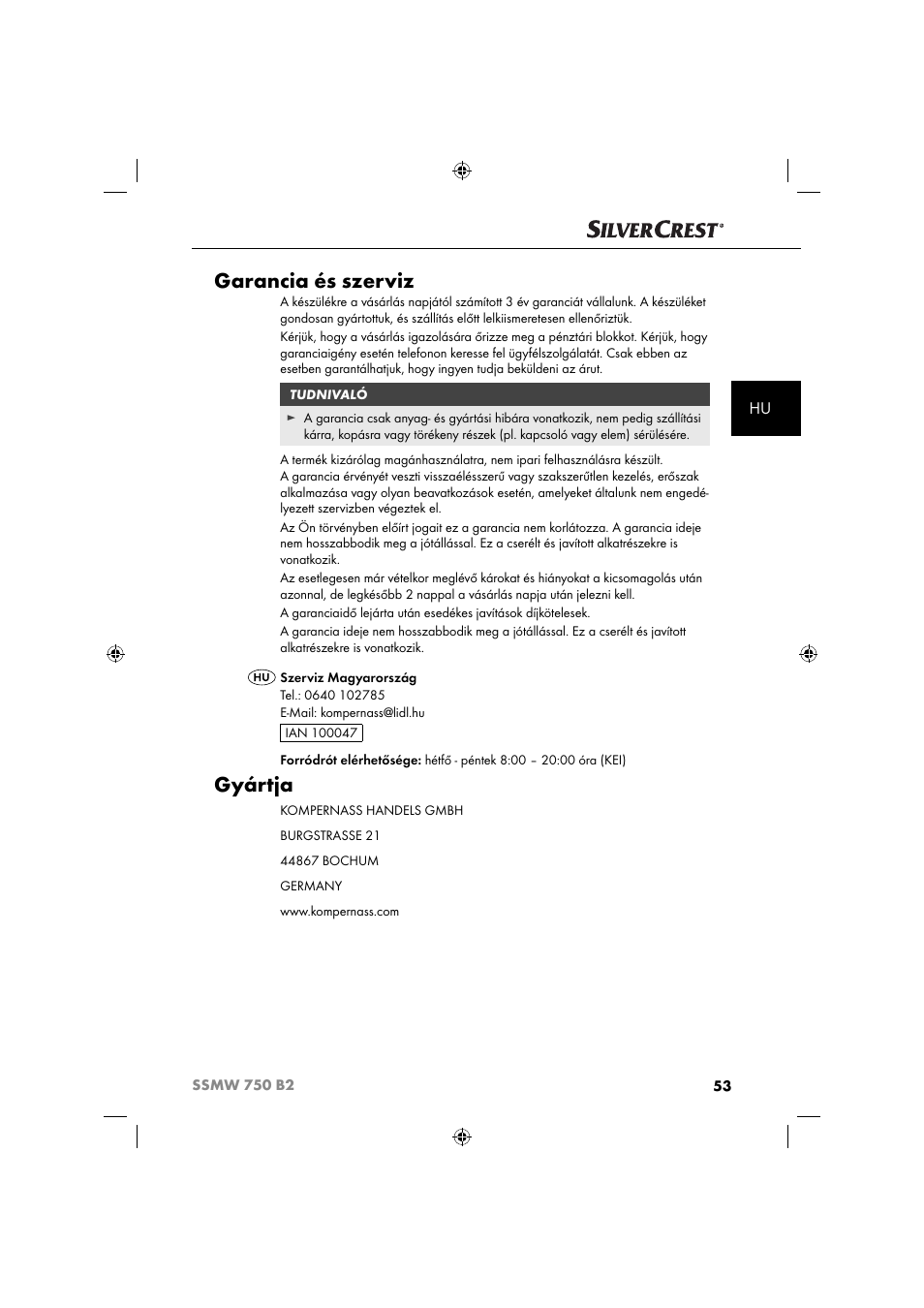 Garancia és szerviz, Gyártja | Silvercrest SSMW 750 B2 User Manual | Page 56 / 111