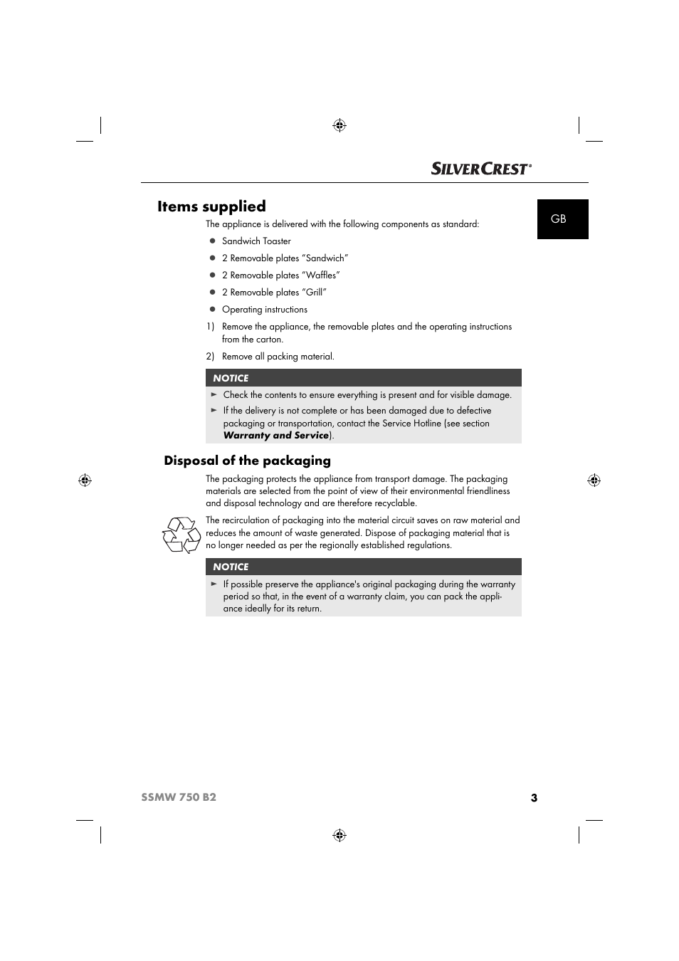 Items supplied, Disposal of the packaging | Silvercrest SSMW 750 B2 User Manual | Page 6 / 111