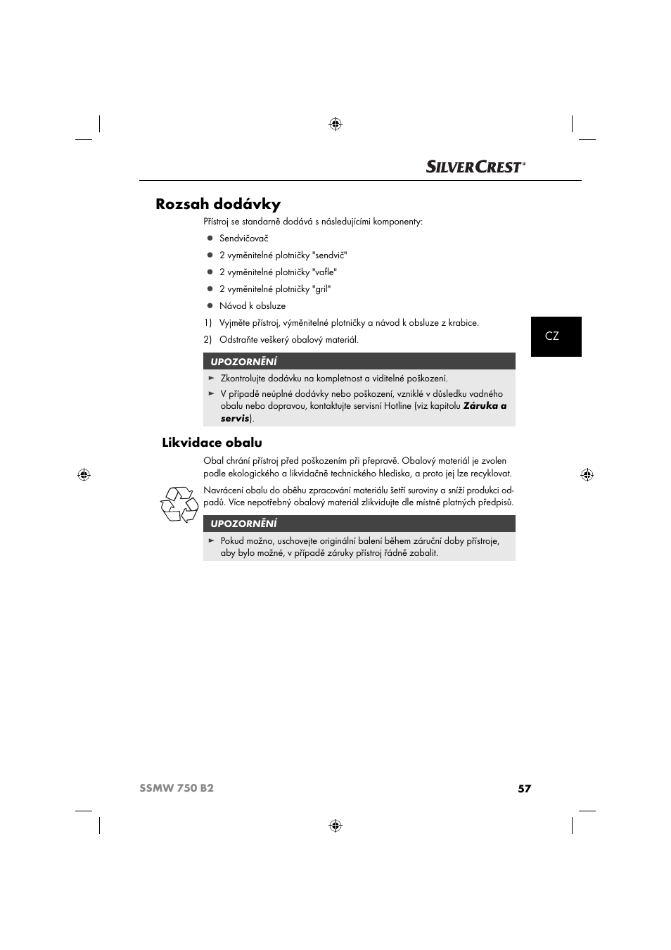 Rozsah dodávky, Likvidace obalu | Silvercrest SSMW 750 B2 User Manual | Page 60 / 111