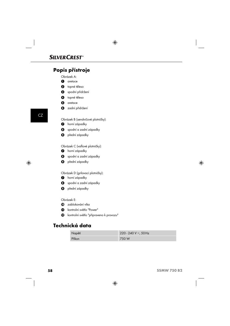 Popis přístroje, Technická data | Silvercrest SSMW 750 B2 User Manual | Page 61 / 111