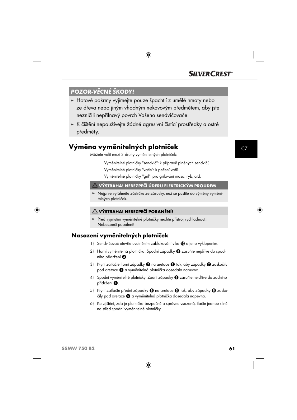 Výměna vyměnitelných plotniček, Pozor-věcné škody, Nasazení vyměnitelných plotniček | Silvercrest SSMW 750 B2 User Manual | Page 64 / 111