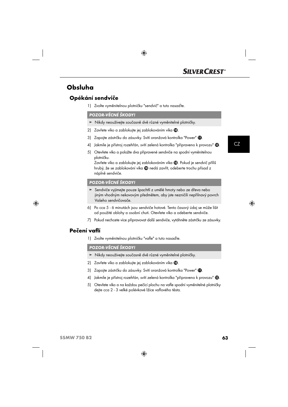 Obsluha, Opékání sendviče, Pečení vaﬂ í | Silvercrest SSMW 750 B2 User Manual | Page 66 / 111