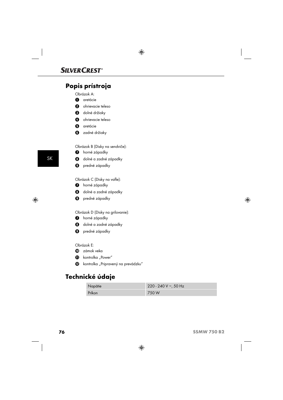 Popis prístroja, Technické údaje | Silvercrest SSMW 750 B2 User Manual | Page 79 / 111