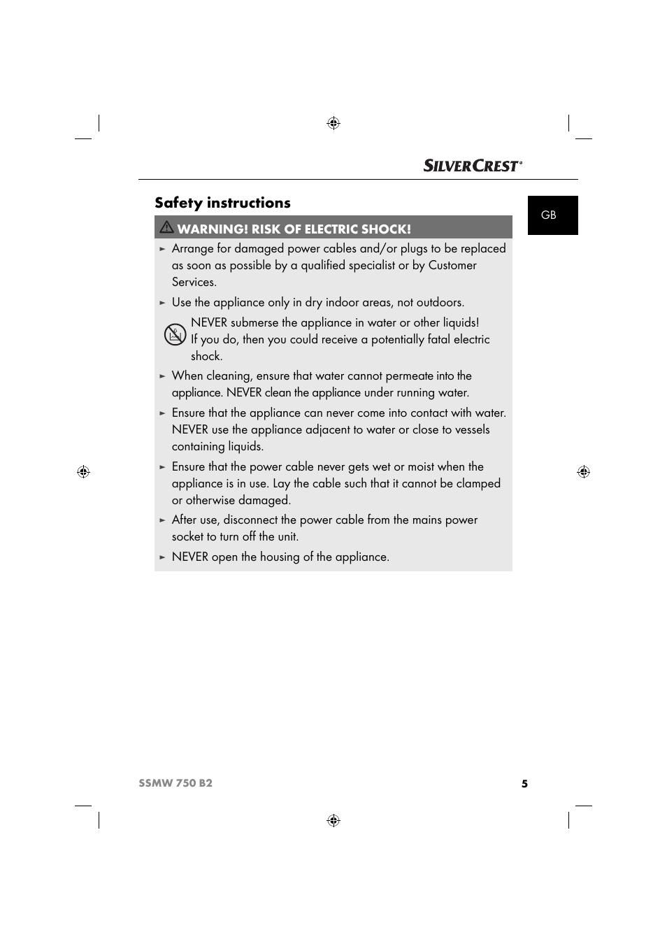 Safety instructions, Warning! risk of electric shock, Never open the housing of the appliance | Silvercrest SSMW 750 B2 User Manual | Page 8 / 111