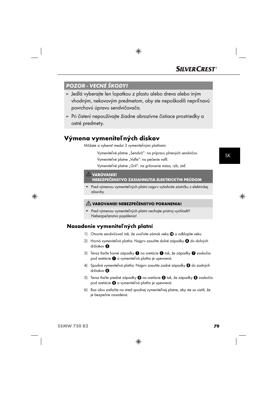 Výmena vymeniteľných diskov, Pozor - vecné škody, Nasadenie vymeniteľných platní | Silvercrest SSMW 750 B2 User Manual | Page 82 / 111
