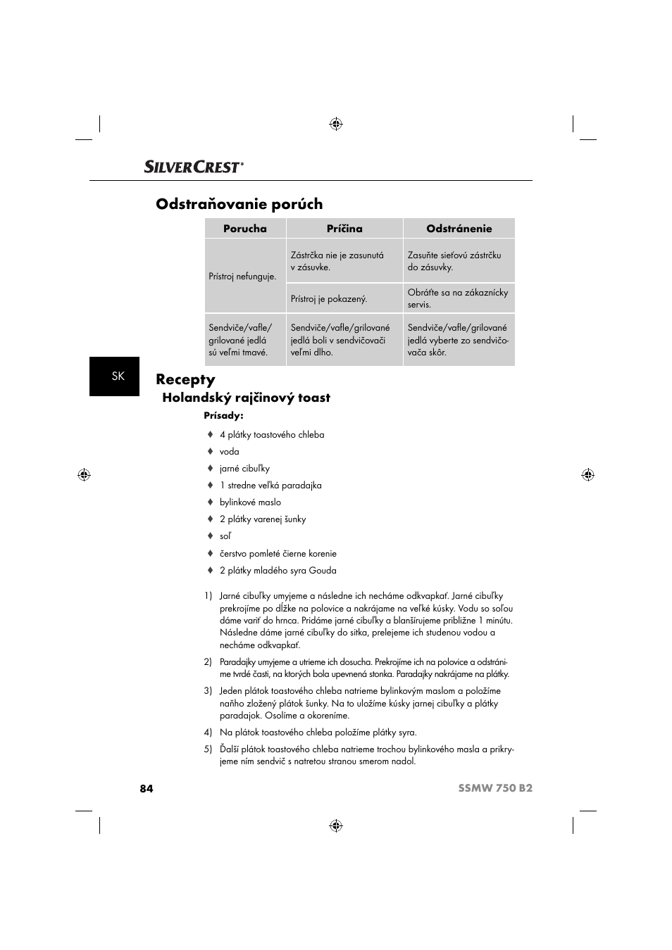 Odstraňovanie porúch, Recepty, Holandský rajčinový toast | Silvercrest SSMW 750 B2 User Manual | Page 87 / 111